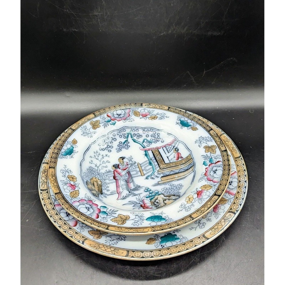 Antique Bates Walker &amp; Co Polychrome Oriental 10.25" Plate 8.75" Soup Bowl